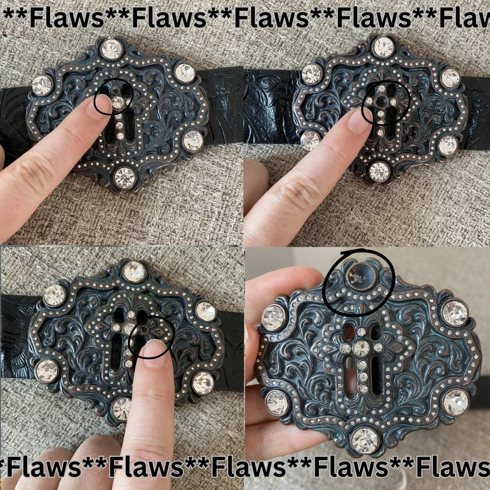 Y2K Men Leather Belt Size M/L Tooled Concho Cross Rhinestones Grunge Alternative